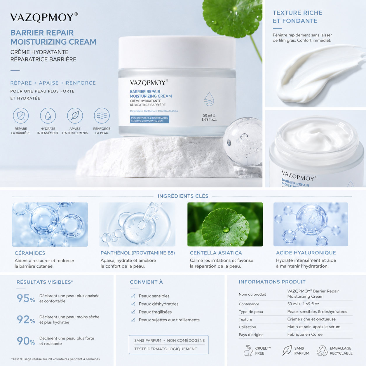 VAZQPMOY® Crème hydratante réparatrice de la barrière cutanée