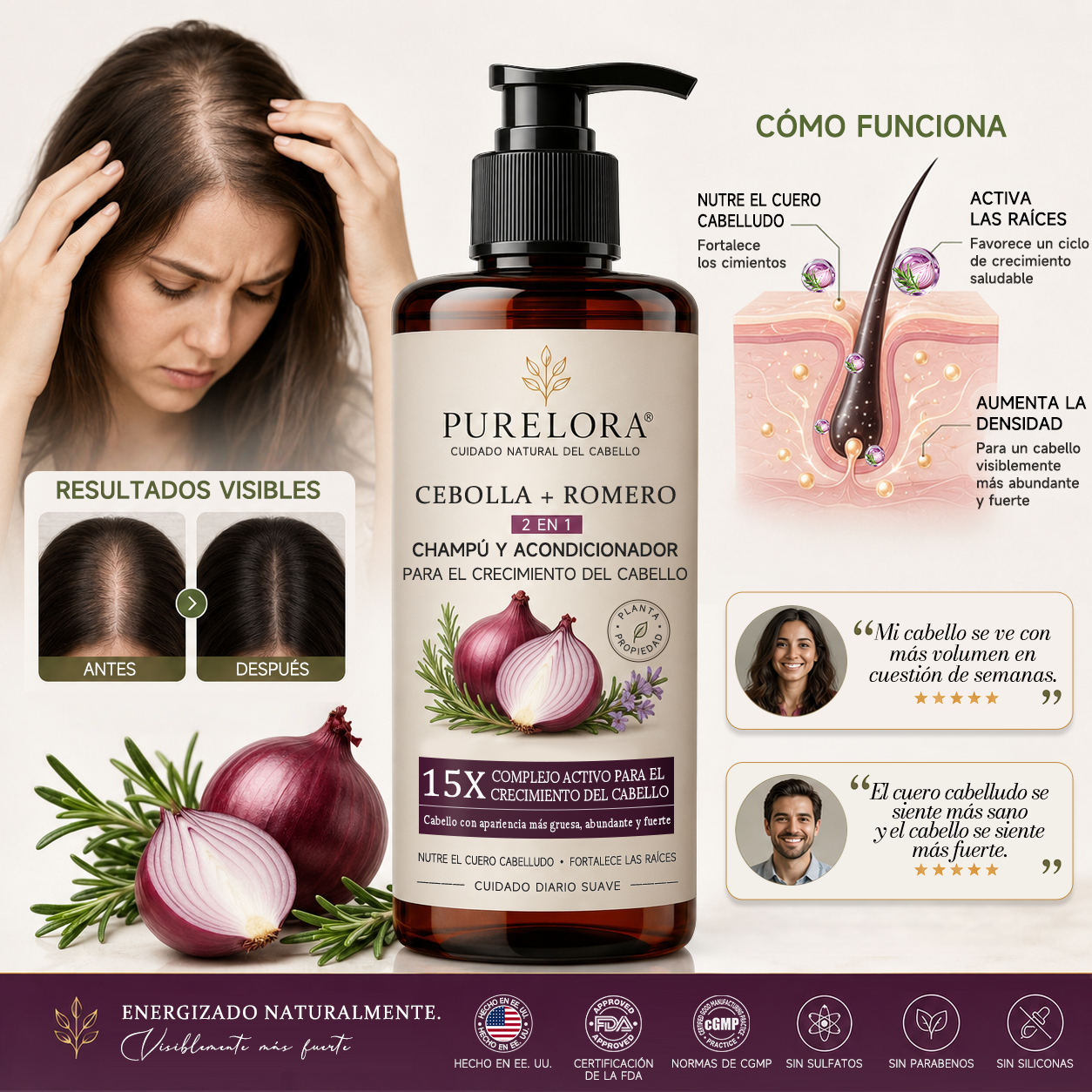 🌿👨‍⚕️ Boutique officielle française | 🔥 Shampoing et après-shampoing 2-en-1 PURELORA® à l'oignon et au romarin — Enrichi d'un complexe actif stimulant la croissance capillaire (concentration x15) pour des cheveux plus épais, plus denses et plus forts.