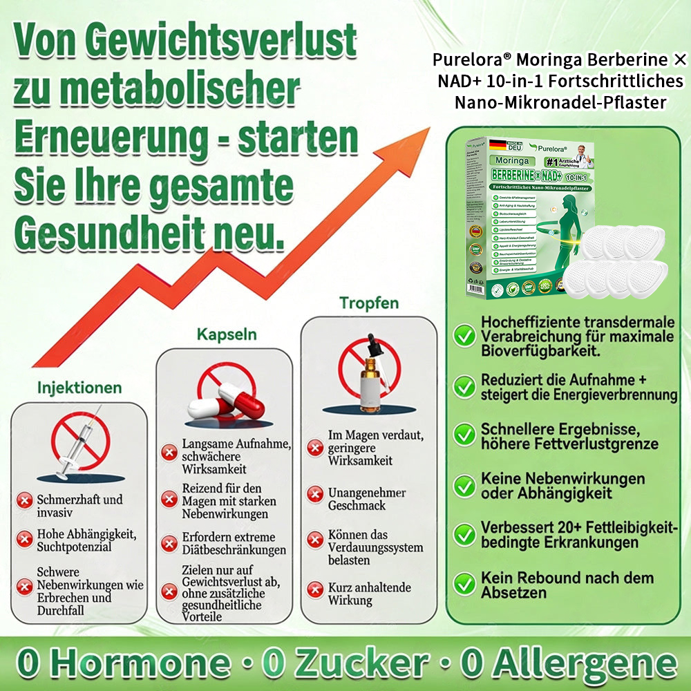 🔥 Offizieller Bestseller丨Purelora® Moringa Berberine NAD+ 10-in-1 Nano-Mikronadel-Patch (Nur einmal täglich, sichtbare Veränderungen in 7 Tagen) ✅ Für Übergewicht, lockere Haut, Diabetes, Schlafapnoe, Gelenkprobleme und mehr