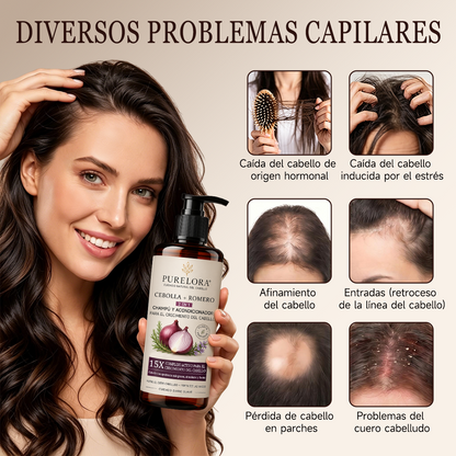 🌿👨‍⚕️ Boutique officielle française | 🔥 Shampoing et après-shampoing 2-en-1 PURELORA® à l'oignon et au romarin — Enrichi d'un complexe actif stimulant la croissance capillaire (concentration x15) pour des cheveux plus épais, plus denses et plus forts.