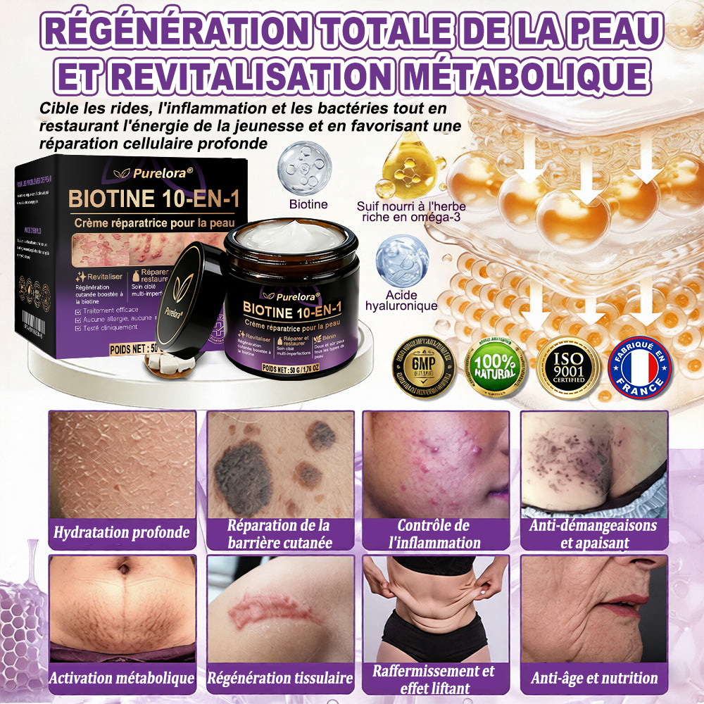 Fabriquée et expédiée depuis la France 🍁 Crème réparatrice pour la peau à la biotine Purelora® (formule 10-en-1) — Dernier jour de la promotion : -25 %.