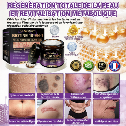 Fabriquée et expédiée depuis la France 🍁 Crème réparatrice pour la peau à la biotine Purelora® (formule 10-en-1) — Dernier jour de la promotion : -25 %.