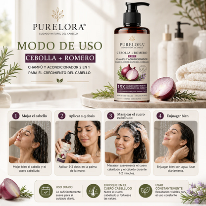 🌿👨‍⚕️ Boutique officielle française | 🔥 Shampoing et après-shampoing 2-en-1 PURELORA® à l'oignon et au romarin — Enrichi d'un complexe actif stimulant la croissance capillaire (concentration x15) pour des cheveux plus épais, plus denses et plus forts.