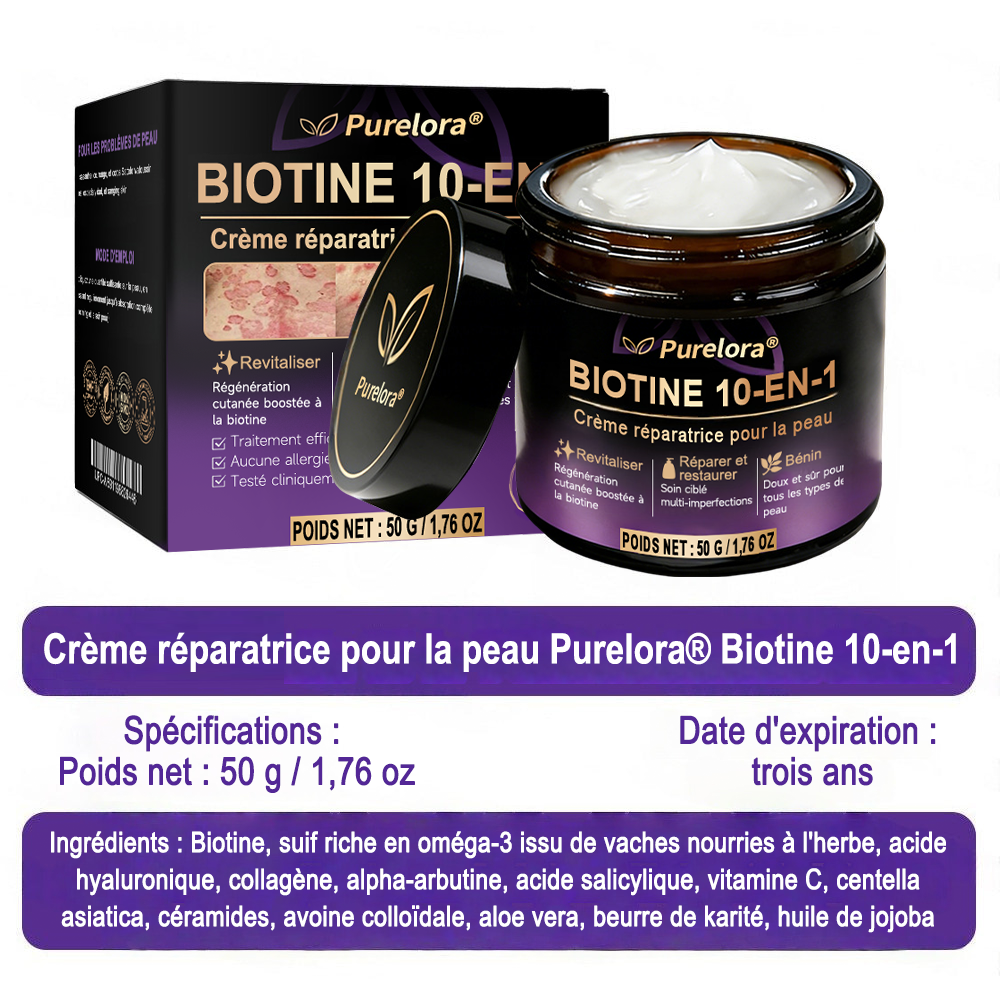 Fabriquée et expédiée depuis la France 🍁 Crème réparatrice pour la peau à la biotine Purelora® (formule 10-en-1) — Dernier jour de la promotion : -25 %.