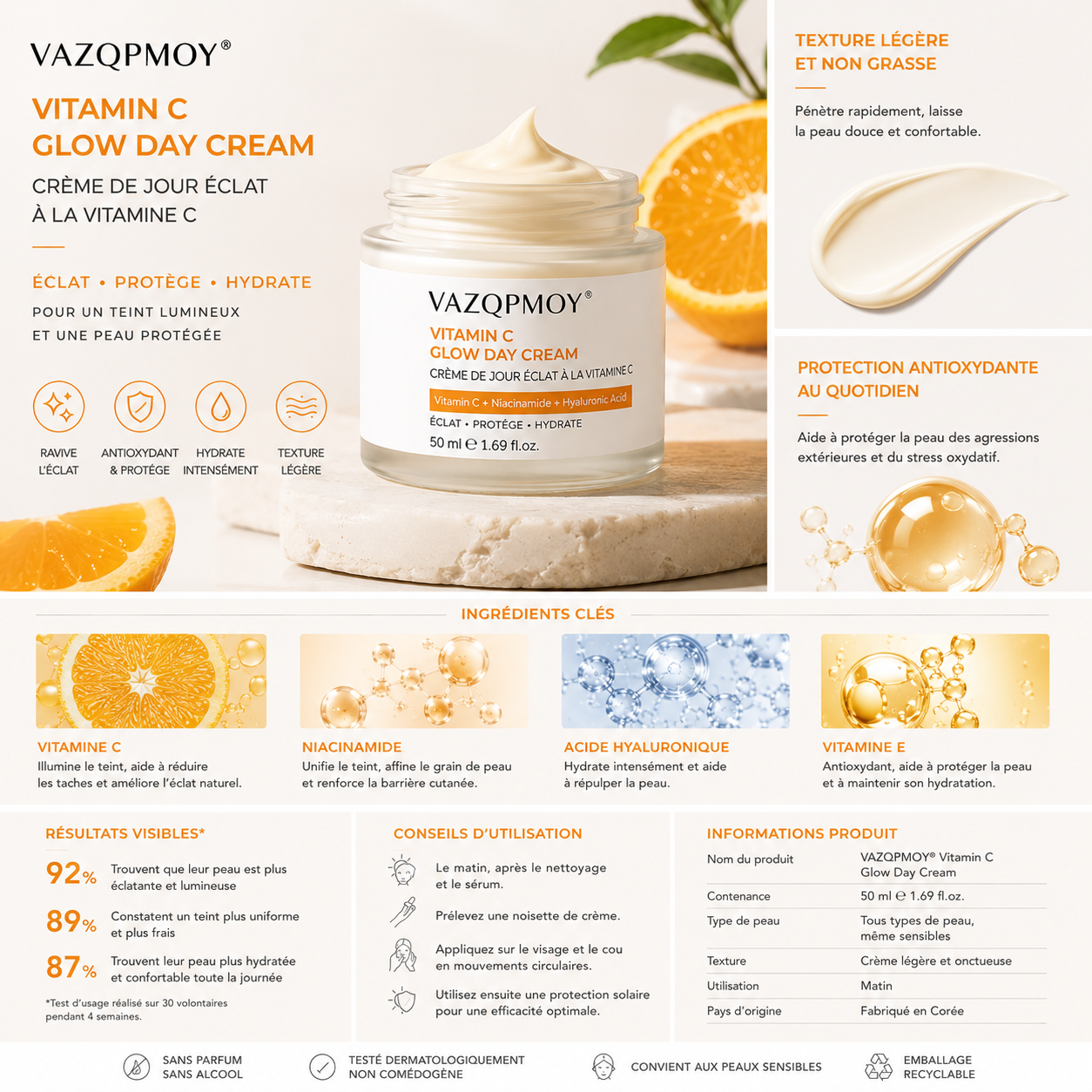 VAZQPMOY® Crème de jour éclat à la vitamine C