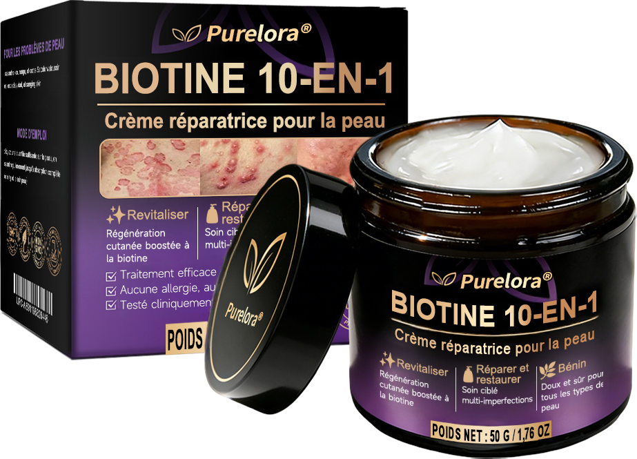 Fabriquée et expédiée depuis la France 🍁 Crème réparatrice pour la peau à la biotine Purelora® (formule 10-en-1) — Dernier jour de la promotion : -25 %.