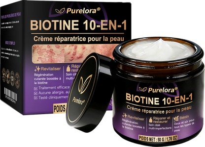 Fabriquée et expédiée depuis la France 🍁 Crème réparatrice pour la peau à la biotine Purelora® (formule 10-en-1) — Dernier jour de la promotion : -25 %.